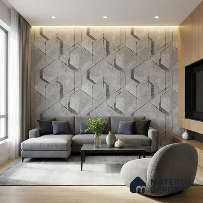Modern living room with geometric patterned wallpaper, grey upholstery, and light oak wooden flooring