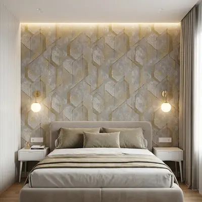 Modern bedroom with geometric gold and grey wallpaper and suede upholstered bed