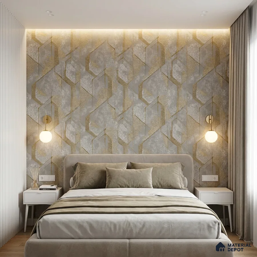 Modern bedroom with geometric gold and grey wallpaper and suede upholstered bed