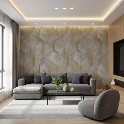 Modern living room with geometric gold and grey wallpaper, grey suede sofa, and light oak laminate TV unit