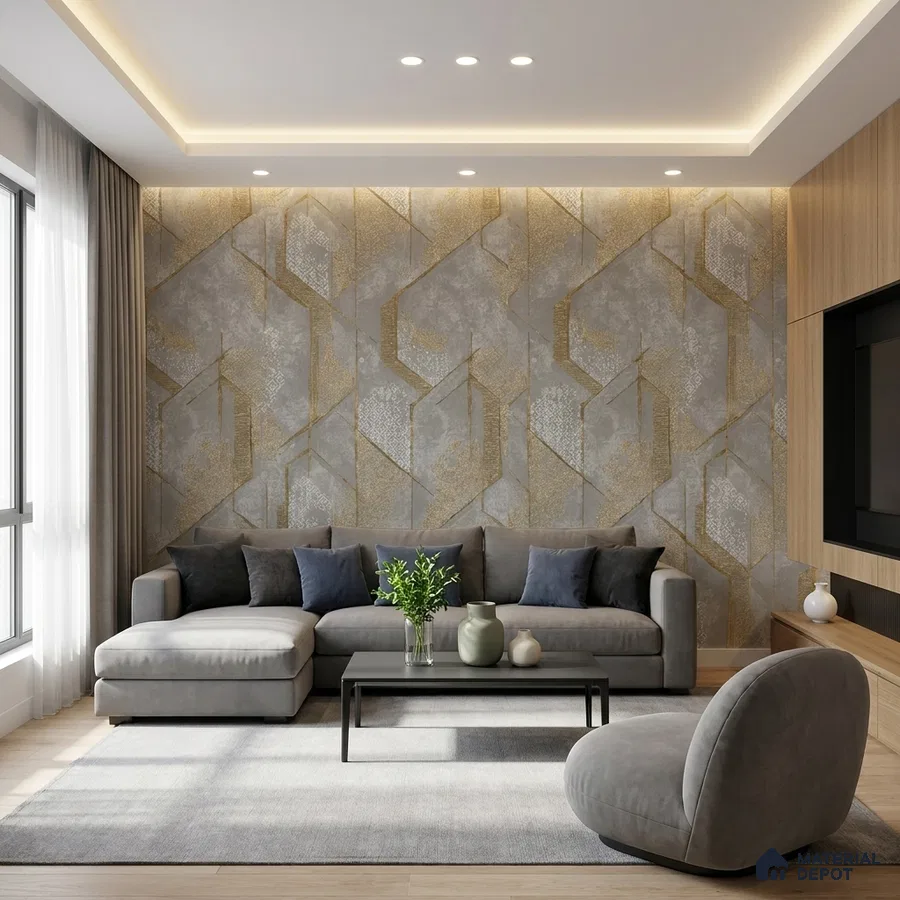 Modern living room with geometric gold and grey wallpaper, grey suede sofa, and light oak laminate TV unit