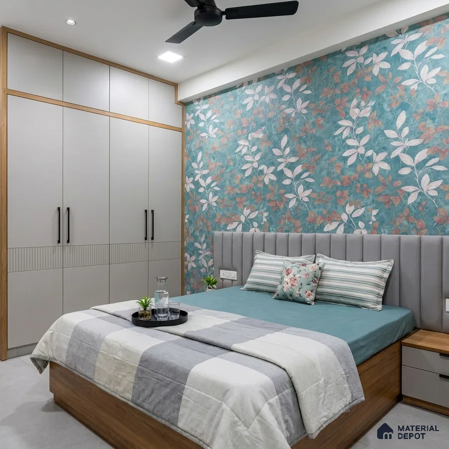 Modern bedroom with floral wallpaper, grey upholstered headboard, and dual tone wardrobe