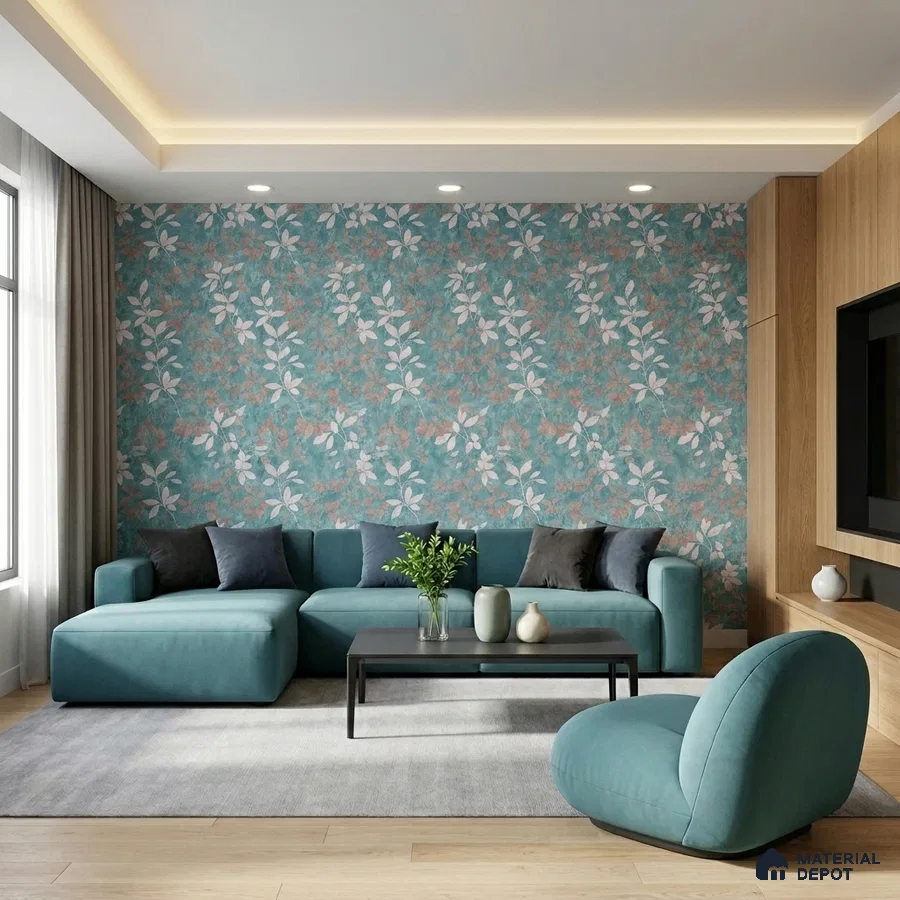 Modern living room with teal floral wallpaper and light oak laminate TV unit