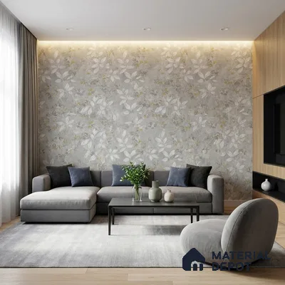 Modern living room with floral wallpaper, grey upholstery, and light oak laminate paneling