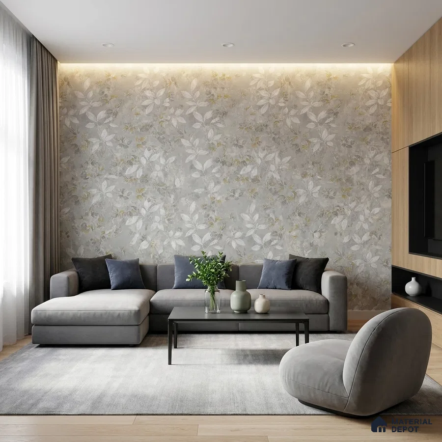 Modern living room with floral wallpaper, grey upholstery, and light oak laminate paneling