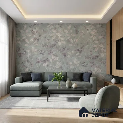 Modern living room with pastel floral wallpaper, sage green upholstery, and light oak wooden flooring