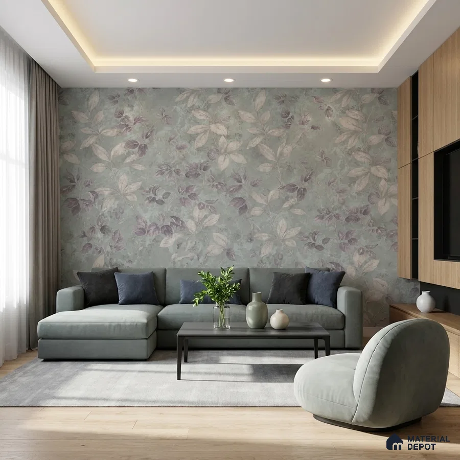 Modern living room with pastel floral wallpaper, sage green upholstery, and light oak wooden flooring