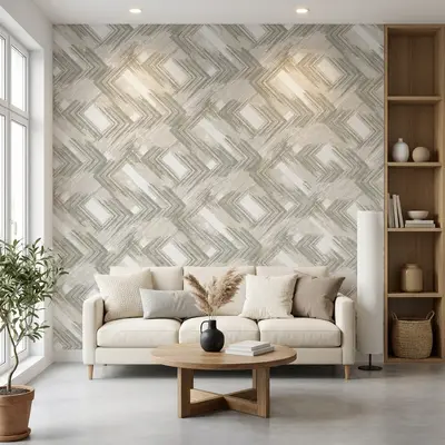 Scandinavian living room with geometric patterned wallpaper and light oak shelving