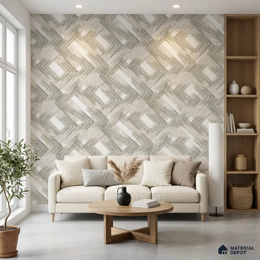 Scandinavian living room with geometric patterned wallpaper and light oak shelving