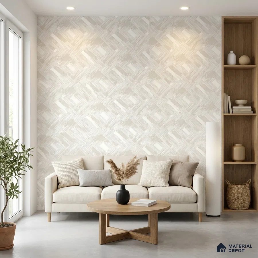 Scandinavian living room with geometric patterned wallpaper and light oak wood accents