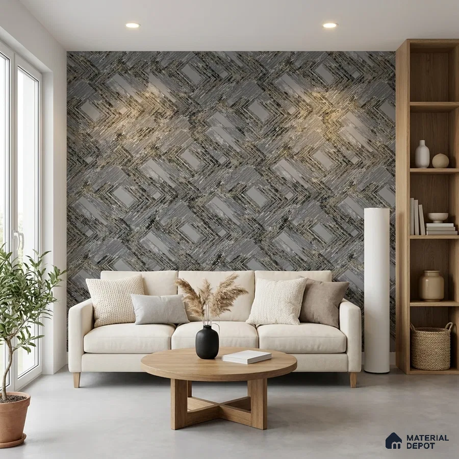 Modern living room with geometric patterned wallpaper and light wood furniture