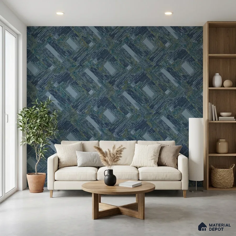 Modern living room with abstract blue geometric wallpaper and light wood open shelving