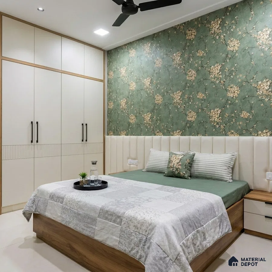 Modern bedroom with floral green wallpaper, frosty white laminate wardrobe, and wood finish bed