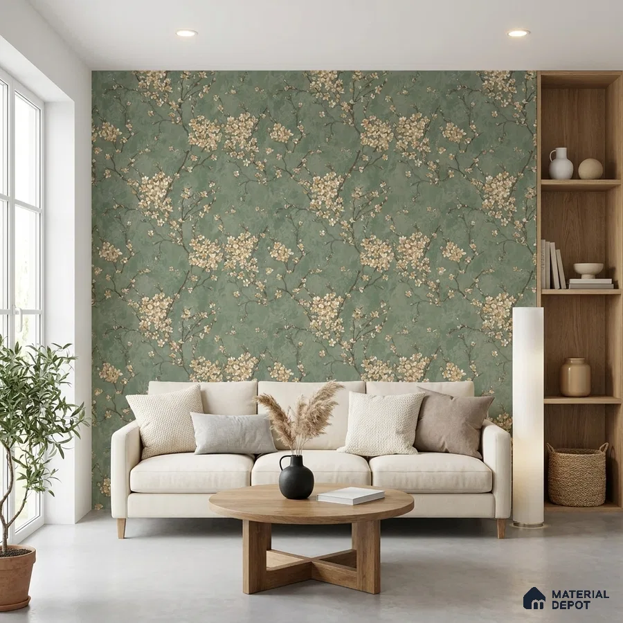 Scandinavian living room with floral green wallpaper and light wood accents
