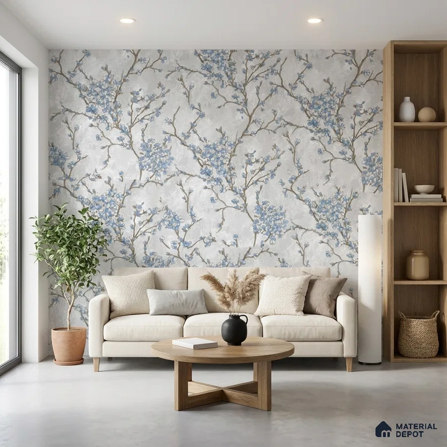 Scandinavian living room with blue floral wallpaper and light oak wood furniture