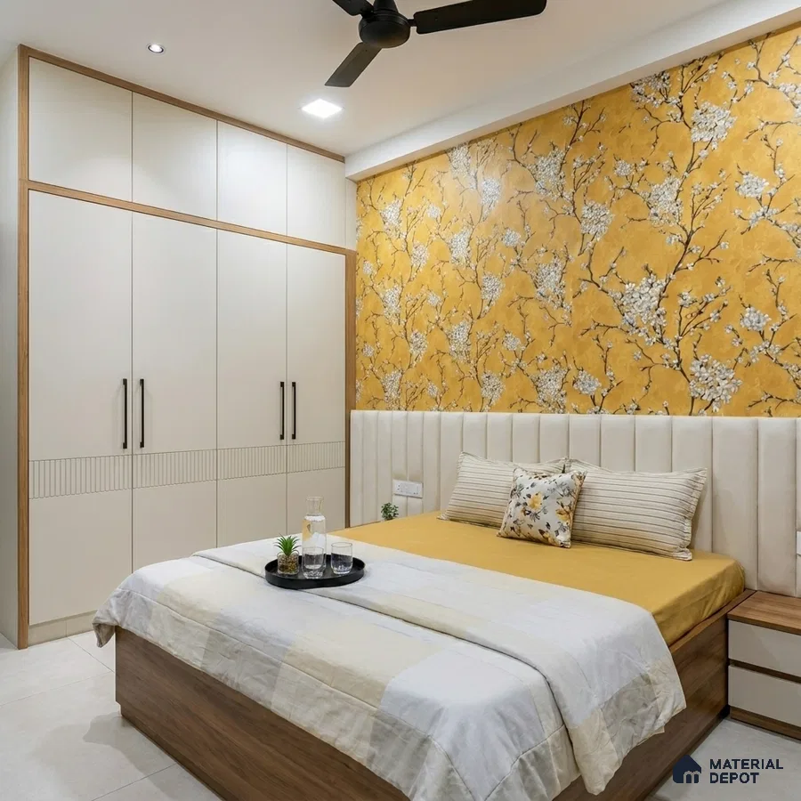 Modern bedroom with floral wallpaper, frosty white laminate wardrobe, and beige upholstered headboard