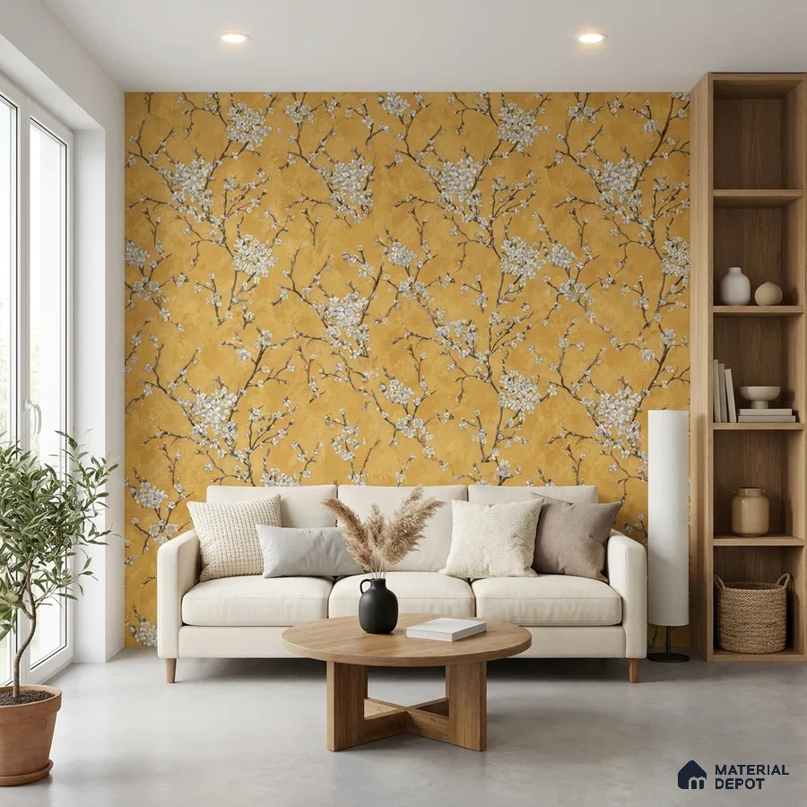 Scandinavian living room with yellow floral wallpaper and light wood open shelving