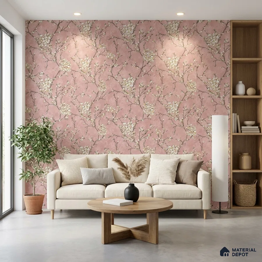 Scandinavian living room with blush pink floral wallpaper and light wood accents