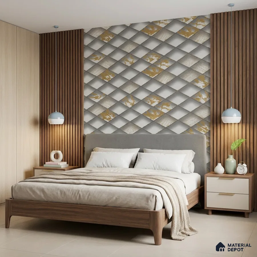 Mid-century modern bedroom with geometric 3D wallpaper, walnut wood bed, and fluted wall panels