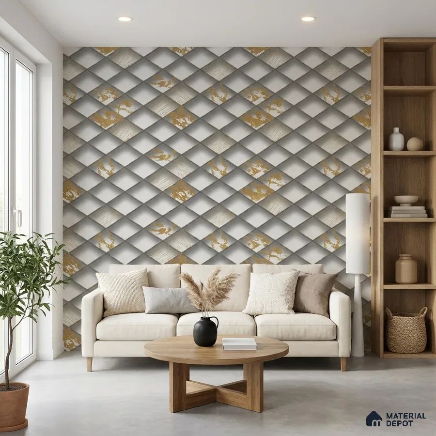 Modern living room with geometric gold and grey 3D wallpaper and light wood accents