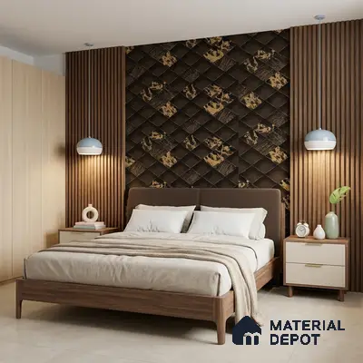 Modern bedroom with walnut wood fluted panels and geometric 3D accent wall