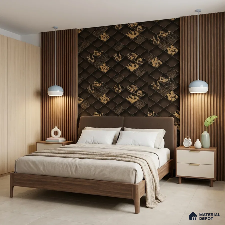 Modern bedroom with walnut wood fluted panels and geometric 3D accent wall