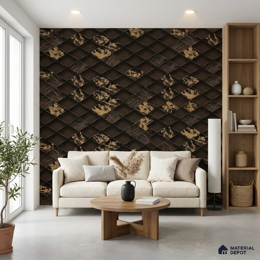 Modern living room with geometric 3D wall panels and beige sofa