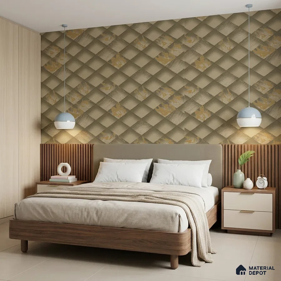 Modern bedroom with geometric 3D patterned wallpaper, light wood panels, and walnut finish bed