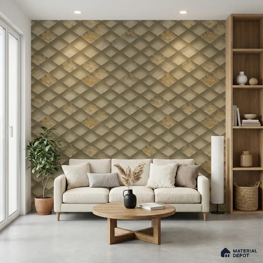 Modern living room with 3D geometric patterned wallpaper and light wood open shelving