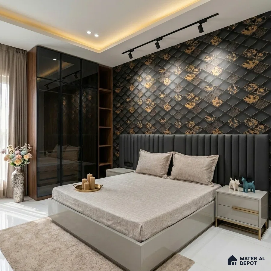 Modern bedroom with black and gold geometric 3D wall panels and glossy glass wardrobe