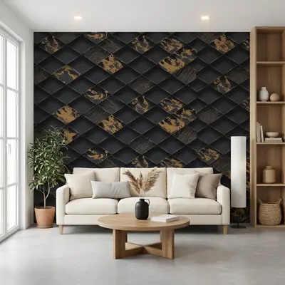 Modern living room with black and gold geometric 3D wall panels and light wood accents