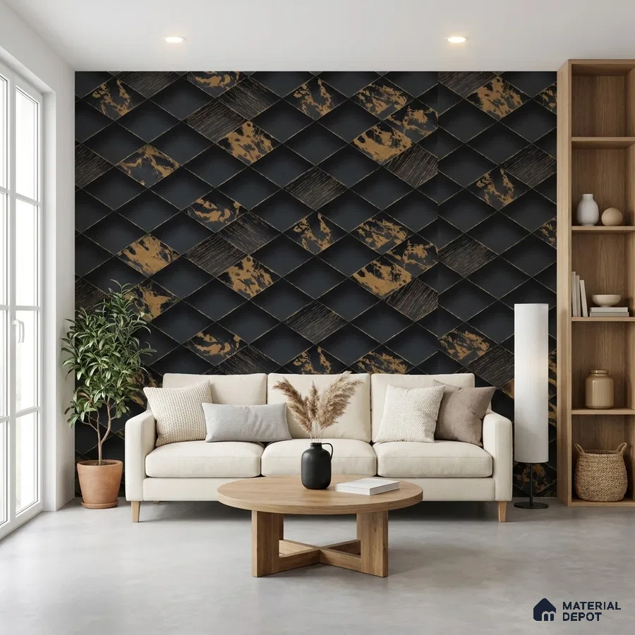 Modern living room with black and gold geometric 3D wall panels and light wood accents