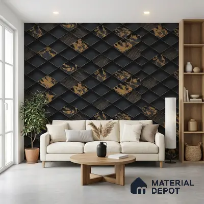 Modern living room with black and gold geometric 3D wall panels and light wood accents