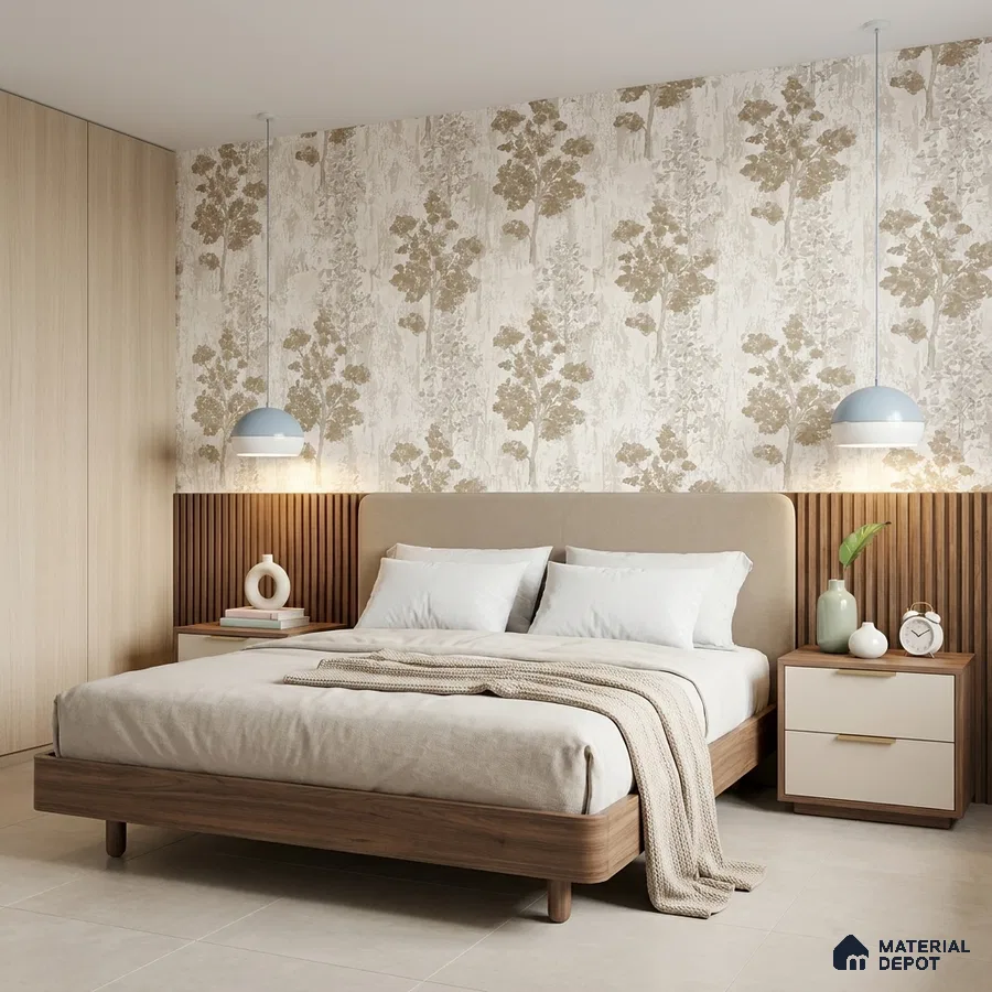Scandinavian bedroom with floral wallpaper, beige upholstered bed, and light oak wood laminate