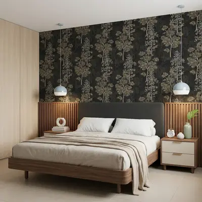 Mid-century modern bedroom with floral wallpaper, oak wood fluted panels, and beige wardrobe laminate