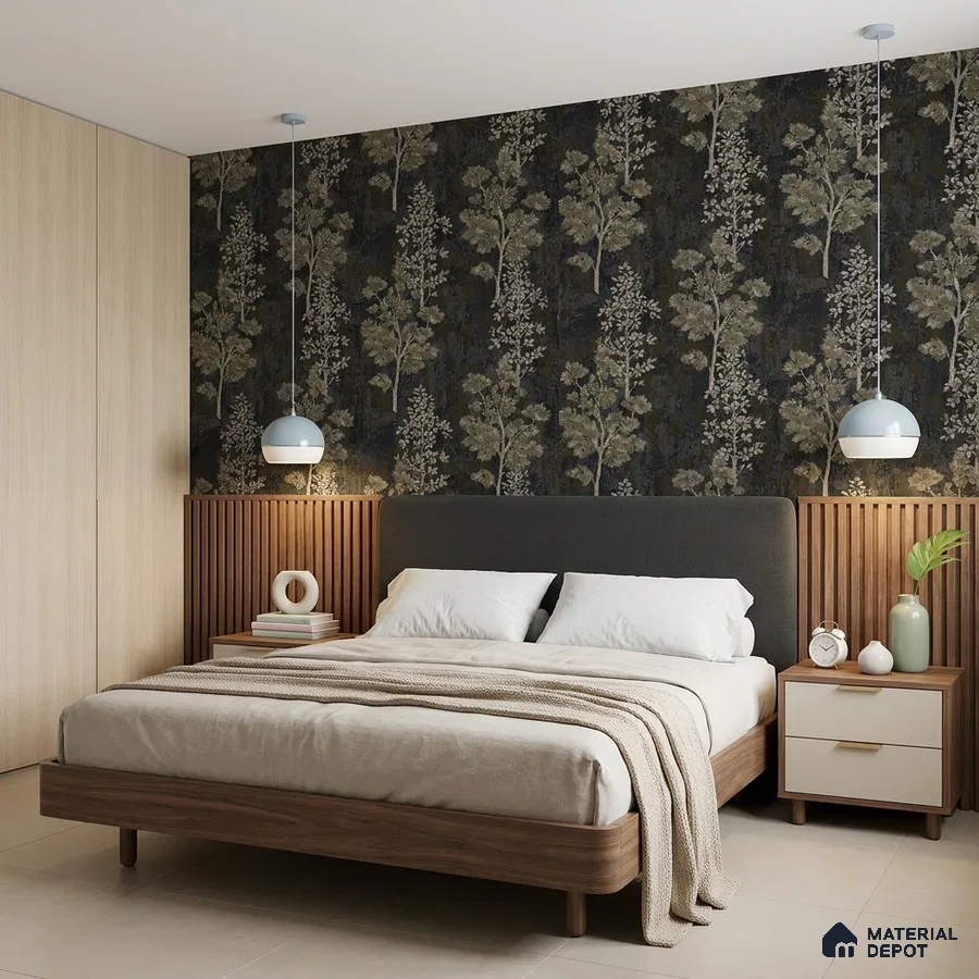Mid-century modern bedroom with floral wallpaper, oak wood fluted panels, and beige wardrobe laminate