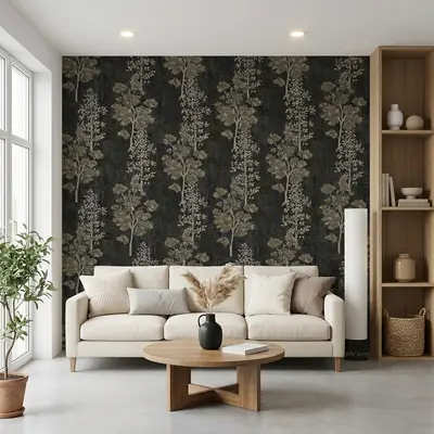 Scandinavian living room with floral wallpaper and light oak shelving