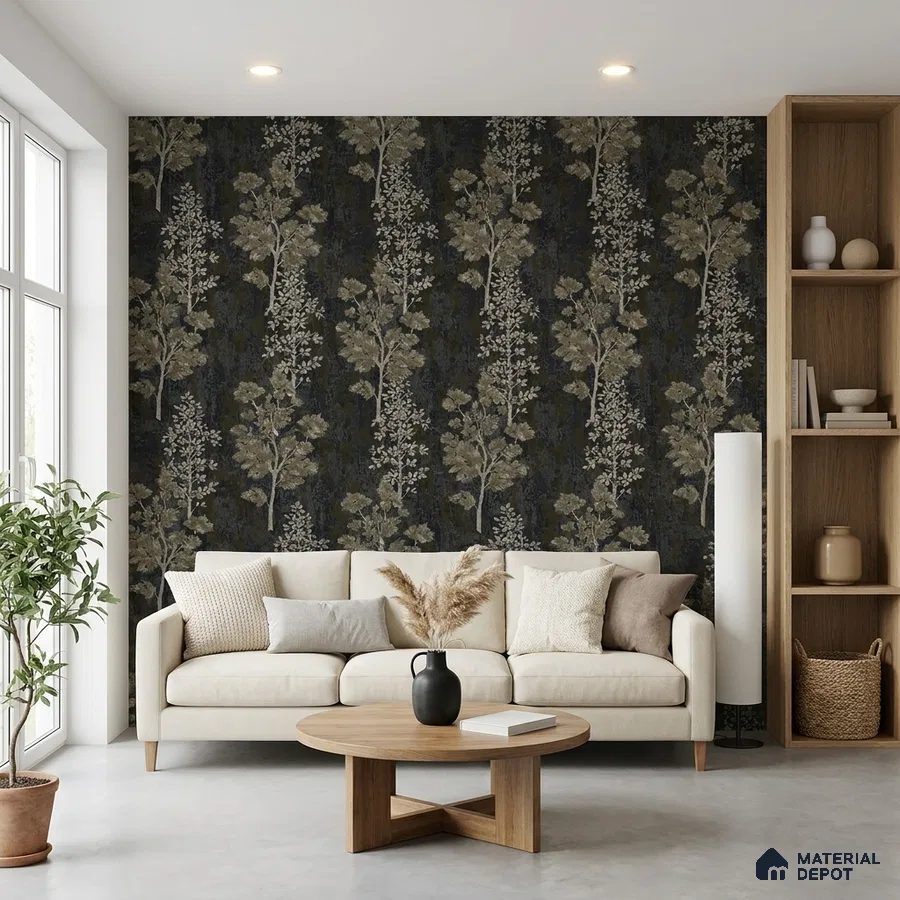 Scandinavian living room with floral wallpaper and light oak shelving