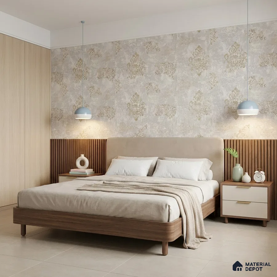 Japandi bedroom with beige suede upholstered bed, wood laminate, and damask patterned wallpaper