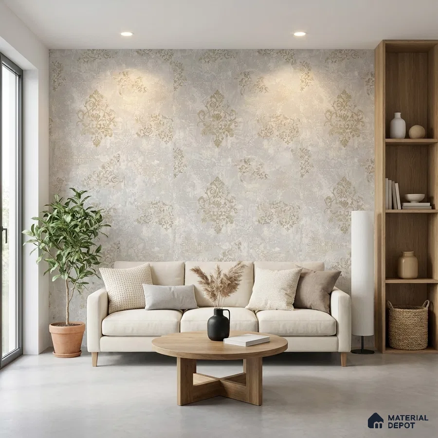 Scandinavian living room with beige damask wallpaper and light oak wood furniture