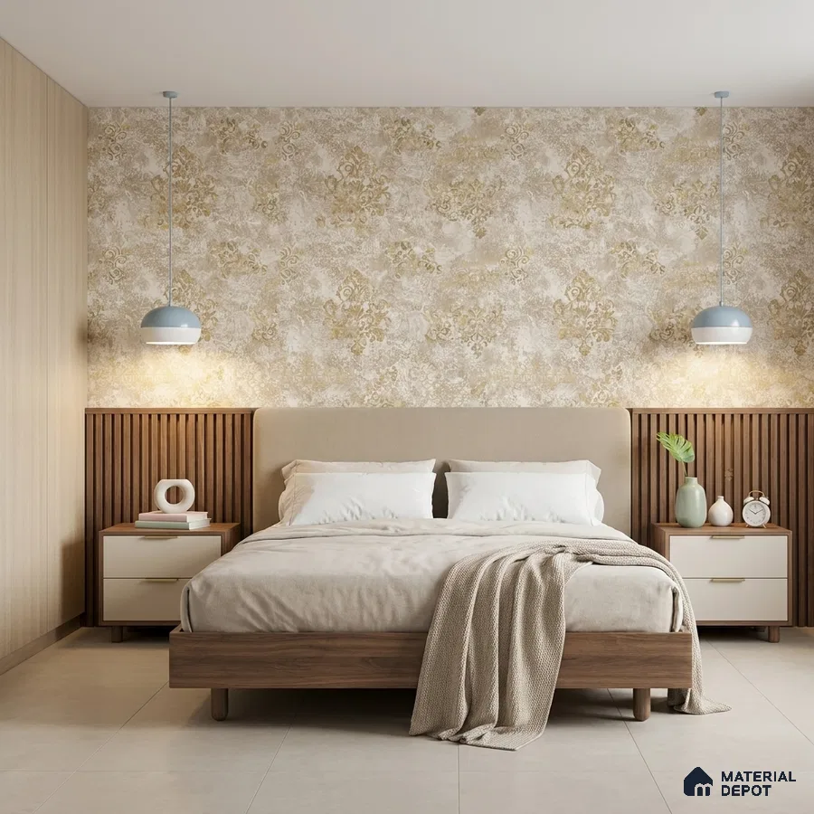 Modern bedroom with beige damask wallpaper, wood laminate bed, and vertical wood louver panels