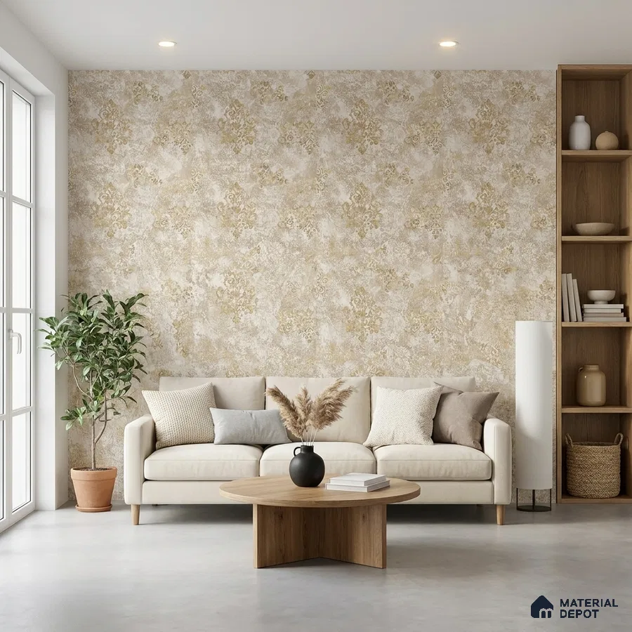 Scandinavian living room with beige damask wallpaper and light oak wood coffee table