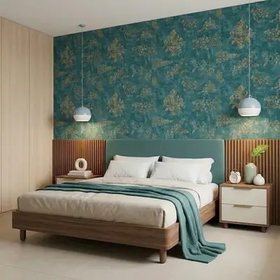 Modern bedroom with teal patterned wallpaper, walnut wood bed, and fluted wood panels