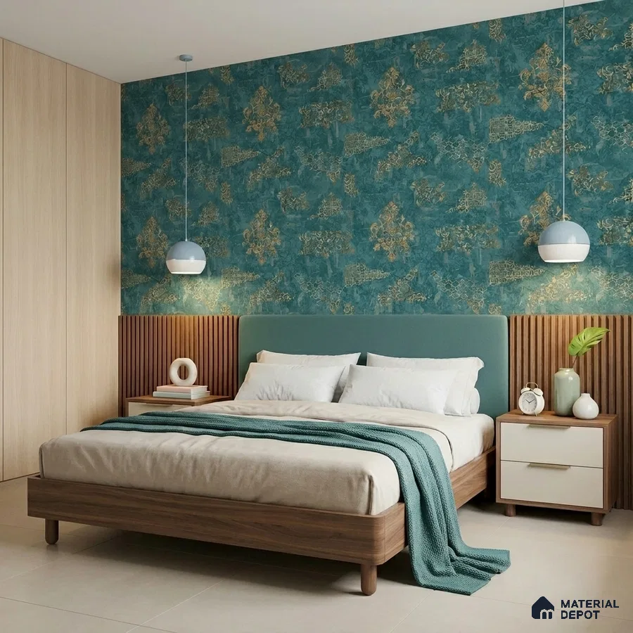 Modern bedroom with teal patterned wallpaper, walnut wood bed, and fluted wood panels