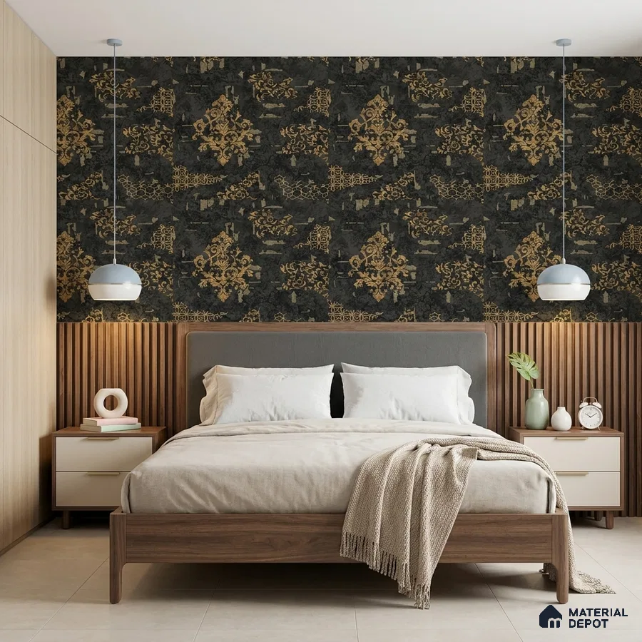 Modern bedroom with gold damask wallpaper, walnut wood bed, and fluted wood wall panels