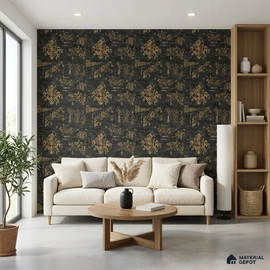 Modern living room with black and gold patterned wallpaper and light oak wood shelving