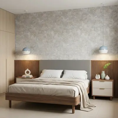 Scandinavian bedroom with light oak wardrobe, fluted wood panels, and textured wallpaper