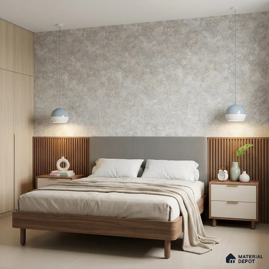 Scandinavian bedroom with light oak wardrobe, fluted wood panels, and textured wallpaper