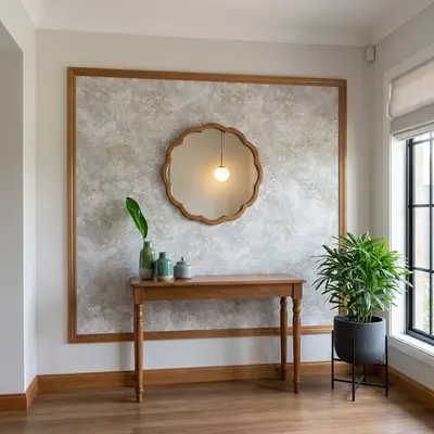 Modern foyer with wooden console, patterned wallpaper, and wood flooring