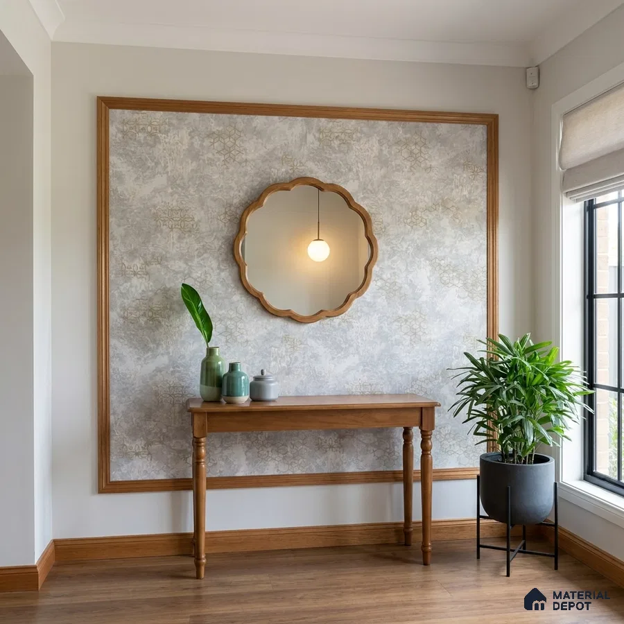 Modern foyer with wooden console, patterned wallpaper, and wood flooring